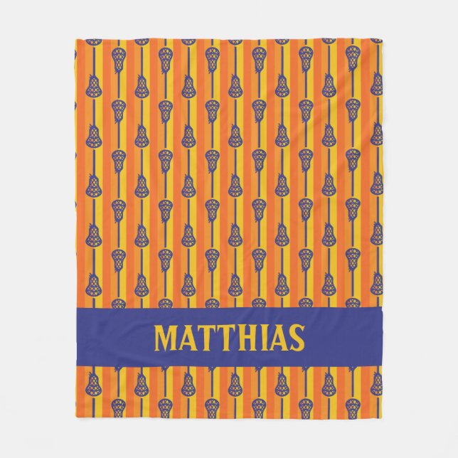 Orange und Lila Retro-Lacrosse-Sticks und -Streife Fleecedecke (Vorderseite)