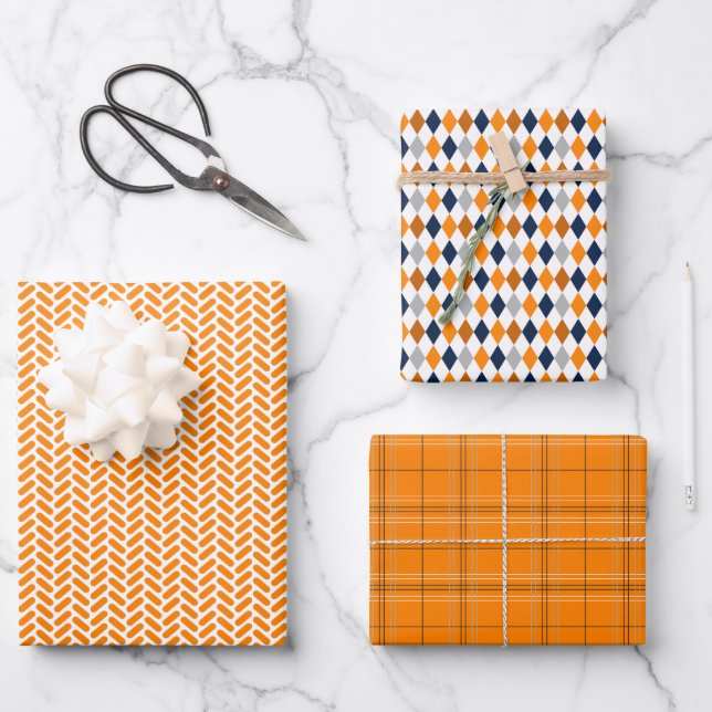 Orange- und Navy-Blue-Mixed-Muster Geschenkpapier Set (Vorderseite)
