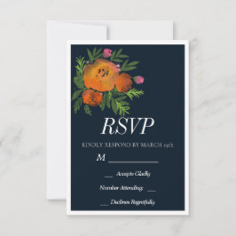 Orange und Navy Floral Moderne fette Hochzeit RSVP Karte