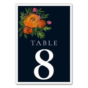 Orange und Navy Floral Moderne fette Hochzeit Tischnummer