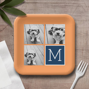 Orange und Navy Instagram Foto Collage Monogramm Pappteller