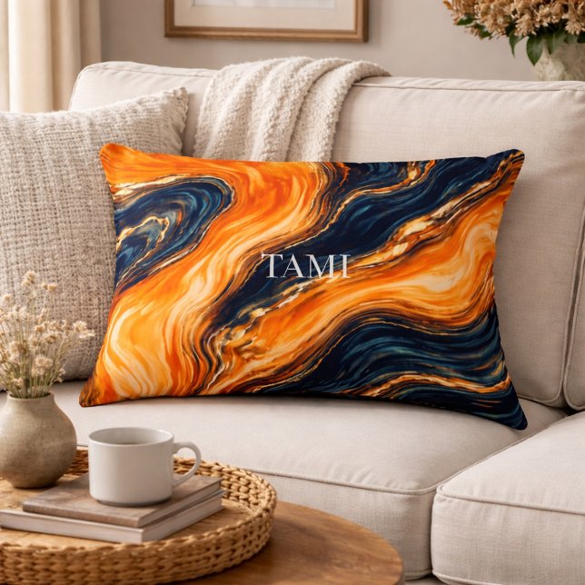 Orange und Navy Marmor Abstrakt Name Dekokissen (Von Creator hochgeladen)