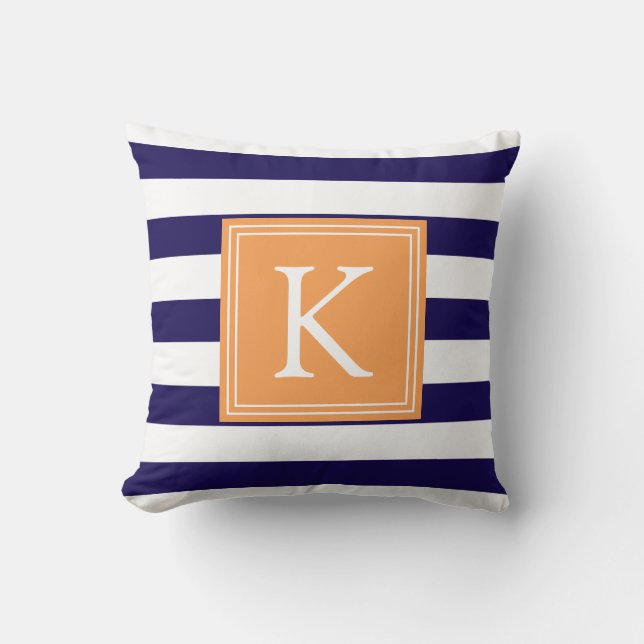 Orange- und Navy-Monogramm-Streifen | Kissen (Vorderseite)