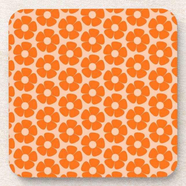 Orange und Peach Retro 60er Blumenmuster Getränkeuntersetzer (Vorderseite)
