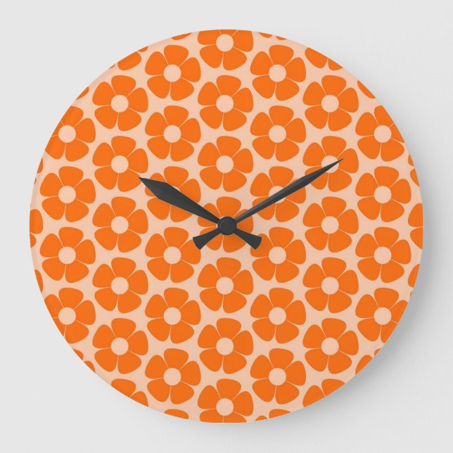 Orange und Peach Retro 60er Blumenmuster Große Wanduhr (Vorderseite)