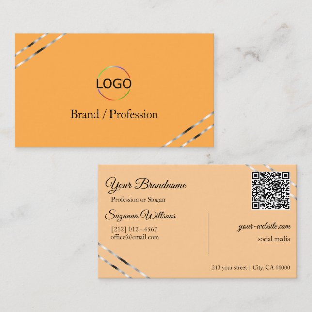 Orange und Pfirsich mit Silberlinien-Logo QR-Code Visitenkarte (Vorne/Hinten)