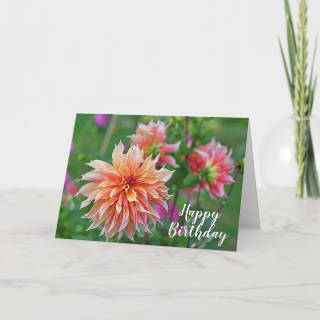 Orange und Pink Dahlia Blume Happy Birthday Karte (Vorderseite)