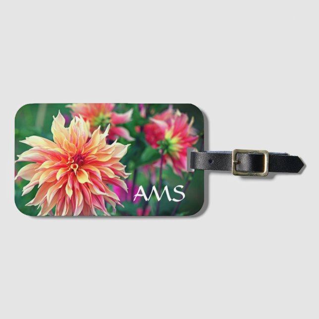 Orange und Pink Dahlia Blume Initials Gepäckanhänger (Vorderseite (Horizontal))