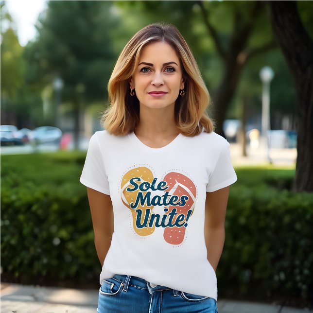 Orange und Red Flip Flops Fun Retro White T-Shirt (Flip flop inspired t-shirt. "Sole Mates Unite!".  Orange and red flip flops.)