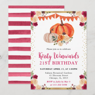 Orange und Red Floral Pumpkins Herbst 21. Geburtst Einladung
