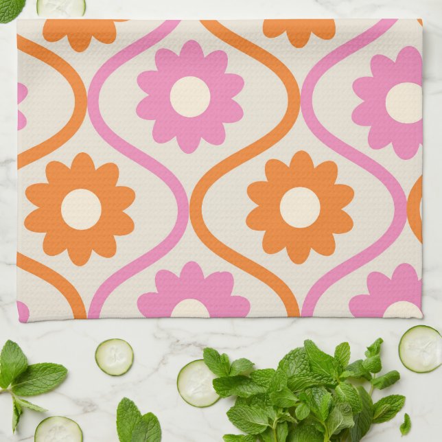 Orange und Rosa Blume auf Retro Ogee Geschirrtuch (Gefaltet)