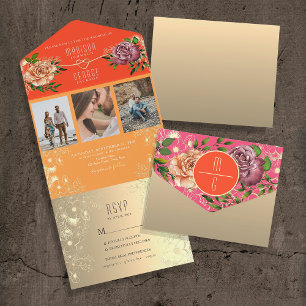 Orange und rosa Blumenhochzeit All In One Einladung