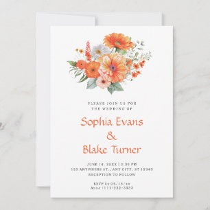 Orange- und rosa Blumenstrauß weiße Hochzeit Einladung