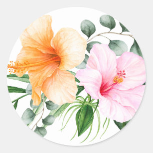 Orange und rosa Hibiskus-tropisches Blumen Runder Aufkleber
