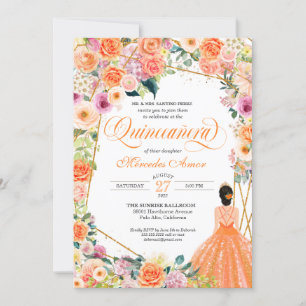 Orange und Rosa Sommerrosen Quinceanera Einladung