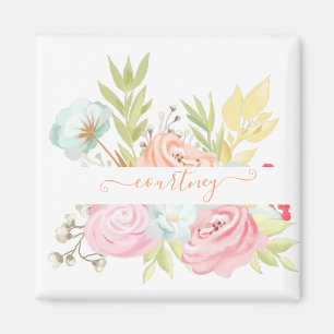 Orange und rosa Wasserfarbe floral personalisiert  Magnet