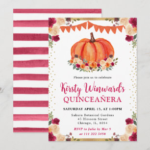 Orange und rote Blumen-Kürbis Herbst Quinceanera Einladung