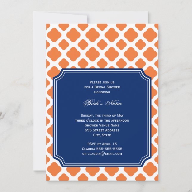 Orange und Royal Blue Quatrefoil Brautparty Einladung (Vorderseite)