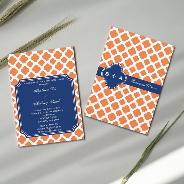 Orange und Royal Blue Quatrefoil Probe Dinner Einladung (Von Creator hochgeladen)