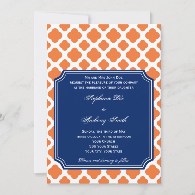 Orange und Royal Blue Quatrefoil Wedding Einladung (Vorderseite)