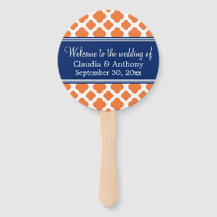 Orange und Royal Blue Quatrefoil Wedding Hand Fan Fächer