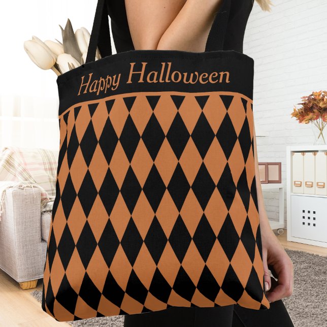 Orange- und Schwarz-Diamant-Harlequin-Muster (Orange and Black Diamond Harlequin Pattern Custom Tote Bag - with Editable Text.)