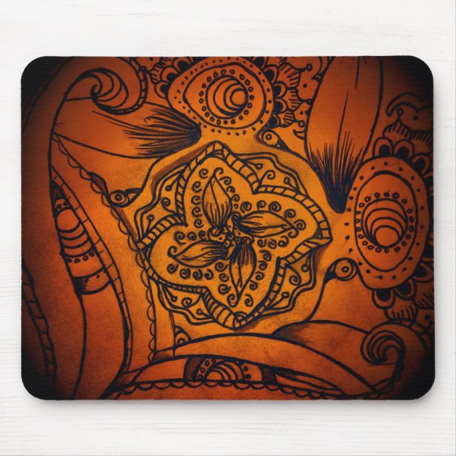 Orange und Schwarz Floral Mandala Mousepad (Vorne)