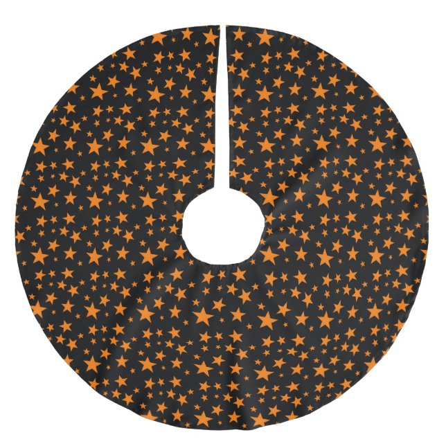 Orange- und Schwarz-Halloween-Sterne Niedlich Polyester Weihnachtsbaumdecke (Vorderseite)