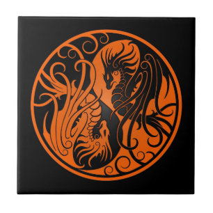 Orange und schwarze fliegende Yin Yang Drachen Fliese