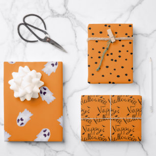 Orange und schwarze Halloween-Geister Geschenkpapier Set