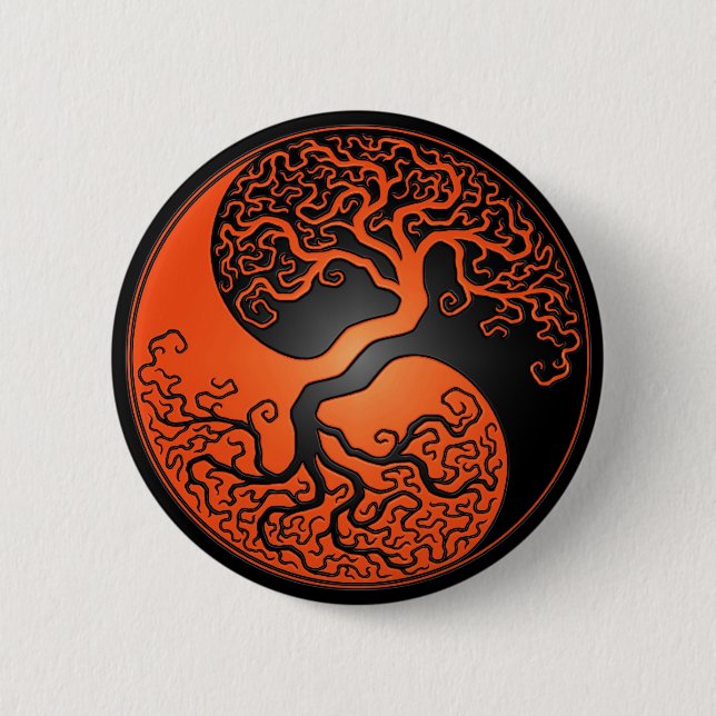 Orange und schwarzer Yin Yang Baum Button (Vorderseite)