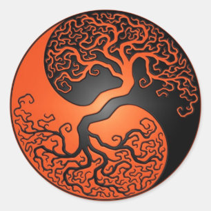 Orange und schwarzer Yin Yang Baum Runder Aufkleber