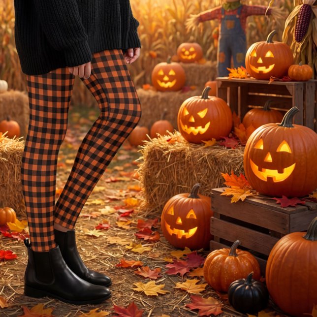 Orange und schwarzes Gingham-Karo-Kontrollmuster Leggings (Von Creator hochgeladen)