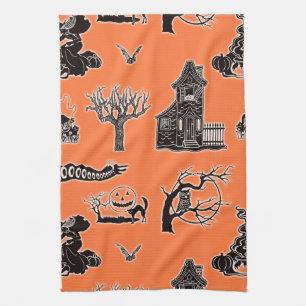 Orange und schwarzes Vintage-Halloween-Muster Geschirrtuch