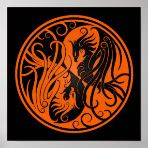 Orange und schwarzes Yin Yang Phoenix Poster