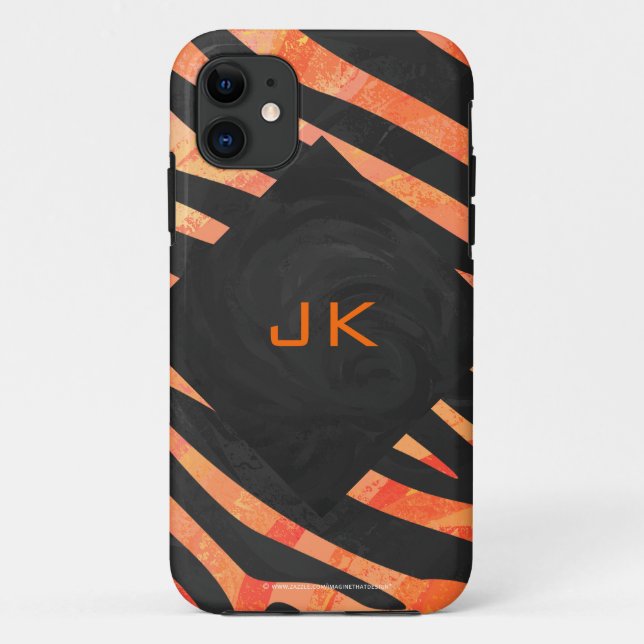 Orange und schwarzes Zebrastreifen-Monogramm Case-Mate iPhone Hülle (Rückseite)