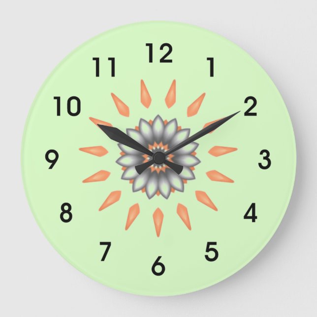 Orange und Silver Sternexplosion Blume Große Wanduhr (Vorderseite)