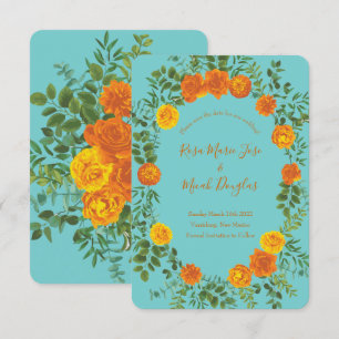 Orange- und Teal-Aqua-Pfingstrosen-Hochzeit Termin Einladung
