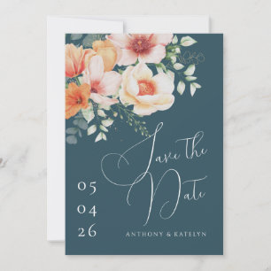 Orange und Teal Blaue Frühlings-Pfirsich-Blumenhoc Save The Date