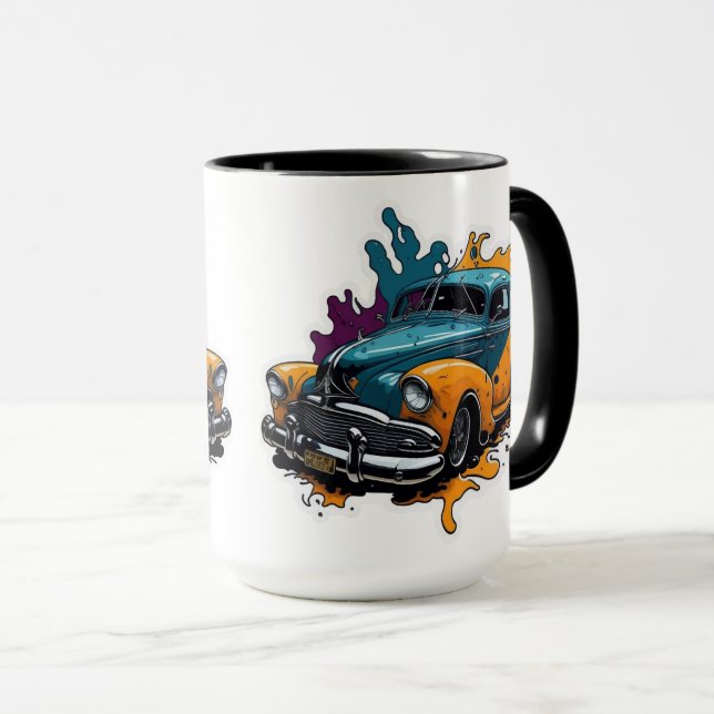 Orange- und Teal-Vintage-Farbspritzer-Auto Tasse (VorderseiteRechts)
