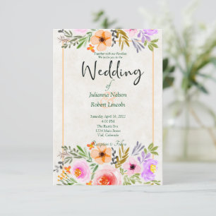 Orange und violette Aquarell-Blumen-Hochzeitseinla Einladung