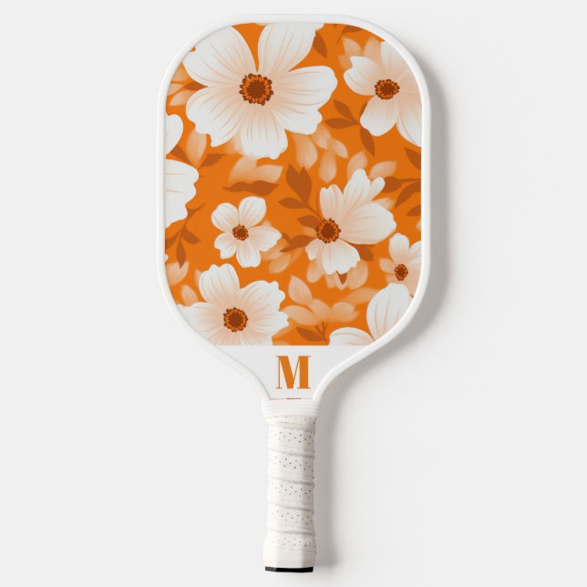 Orange und Weiße Blume Moderne Monogramme Pickleball Schläger (Rückseite)