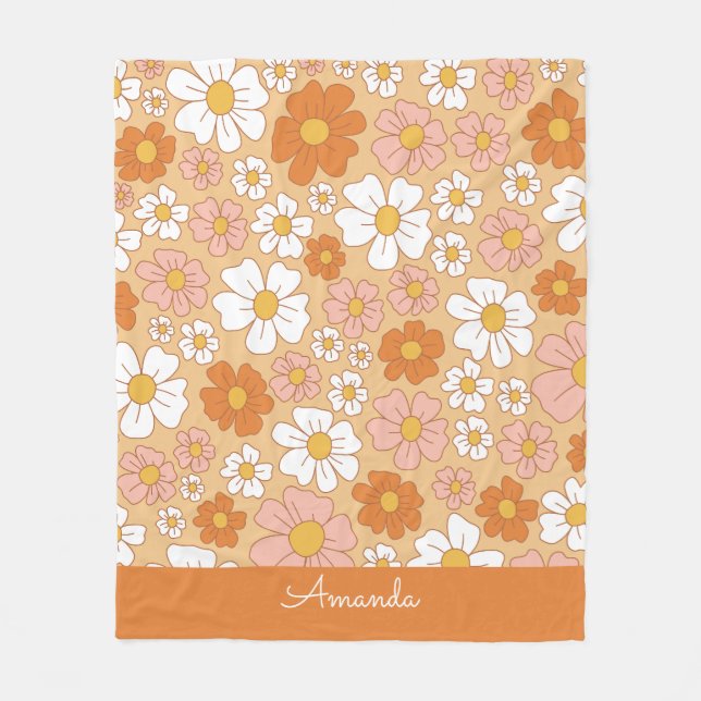 Orange und Weiße Blüten Fleecedecke (Vorderseite)