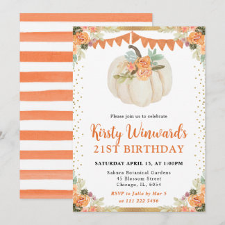 Orange und White Floral Pumpkin Herbst 21. Geburts Einladung