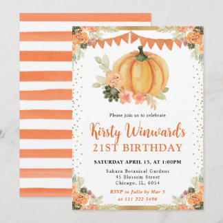 Orange und White Floral Pumpkin Herbst 21. Geburts Einladung