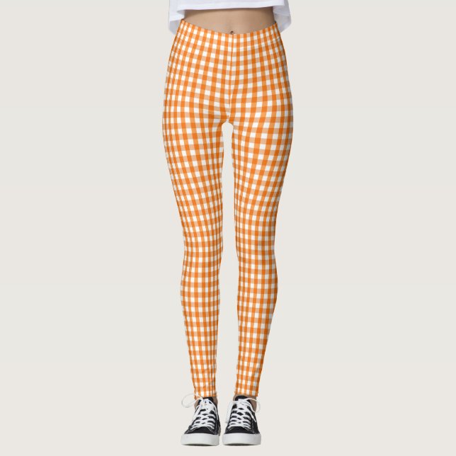 Orange und White Gingham Checkered Halloween Leggings (Vorderseite)