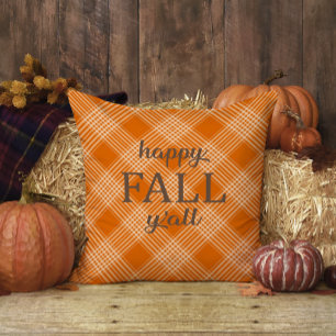 Orange und White Gingham Kariert Happy Fall Y'all Kissen