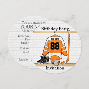 Orange und White Ice Hockey Jersey Geburtstagspart Einladung