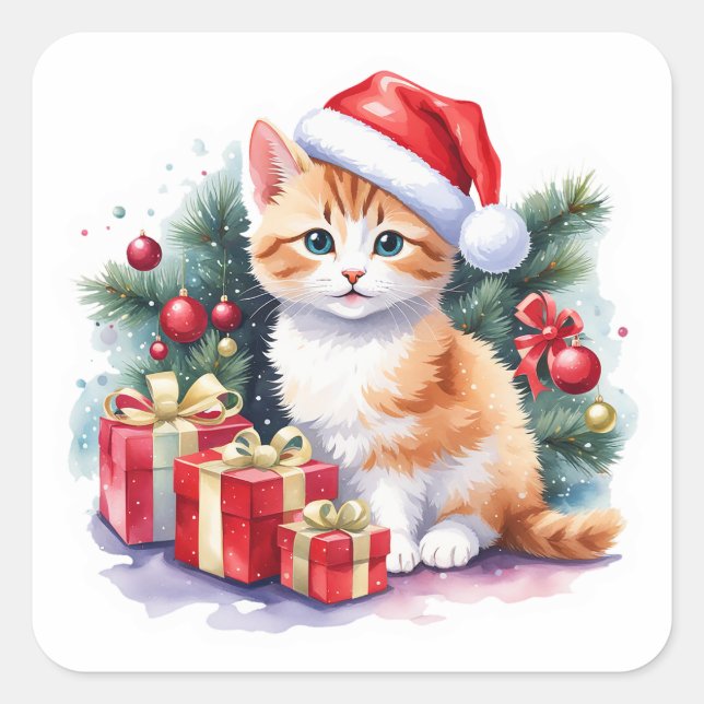 Orange und White Santa Kitten mit Geschenken Quadratischer Aufkleber (Vorderseite)