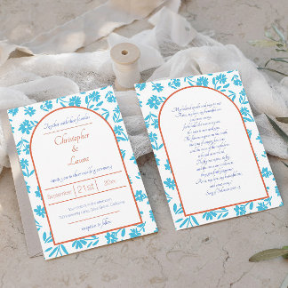 Orange Verona Sunset Blue Flowers Wedding Einladung
